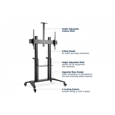 Stojak mobilny pojedynczy z półką i uchwytem na kamerę, 1xLCD max. 120" max. 140kg, VESA max. 1000x600