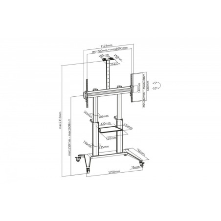Stojak mobilny pojedynczy z półką i uchwytem na kamerę, 1xLCD max. 120" max. 140kg, VESA max. 1000x600