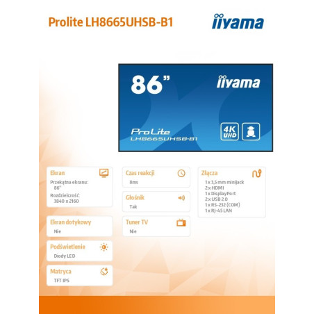 Monitor wielkoformatowy iiyama LH8665UHSB-B1 *86" *IPS LED *3840x2160 *HDMI *DP *USB-C *60Hz *8ms
