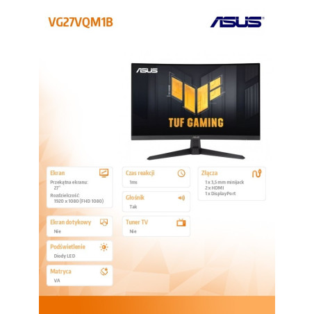 Monitor ASUS TUF Gaming VG27VQM1B *27" *Fast VA LED *1920x1080 *HDMI *DP *280Hz *1ms *Zakrzywiony ekran