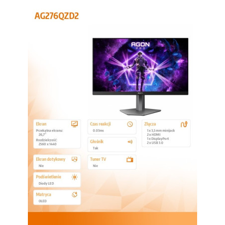 Monitor AOC AG276QZD2 *26.7" *QD-OLED *2560x1440 *HDMI *DP *240Hz *0.03ms
