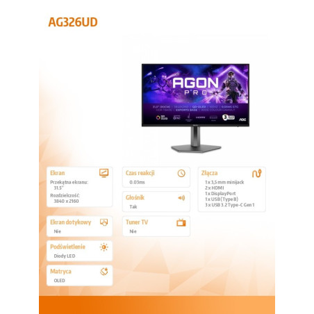 Monitor AOC AG326UD *31.5" *QD-OLED *3840x2160 *HDMI *DP *165Hz *0.03ms