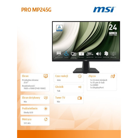 Monitor MSI PRO MP245G *23.8" *IPS LED *1920x1080 *HDMI *DP *100Hz *1ms