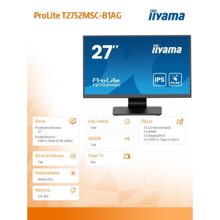 Monitor dotykowy iiyama T2752MSC-B1AG *27" *IPS LED *1920x1080 *HDMI *DP *USB-C *60Hz *5ms
