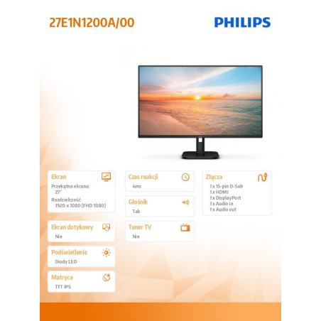Monitor Philips 27E1N1200A/00 *27″ *IPS LED *1920×1080 *HDMI *DP *VGA *100 Hz *1 ms