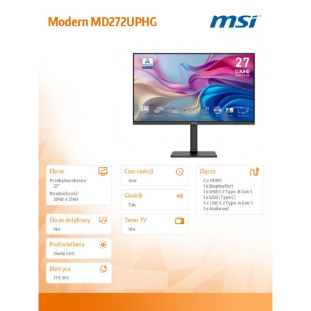 Monitor MSI Modern MD272UPSW *27″ *IPS LED *3840×2160 *HDMI *DP *USB‑C *60 Hz *4 ms