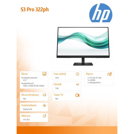 Monitor HP Series 3 Pro 322ph B0BN7UT ABB *21.5″ *IPS LED *1920×1080 *HDMI *DP *VGA *100 Hz *5 ms