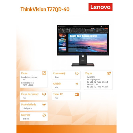 Monitor Lenovo 64AAGAT2EU ThinkVision T27QD-40 *27" *IPS LED *2560x1440 *HDMI *DP *USB-C *120Hz *4ms