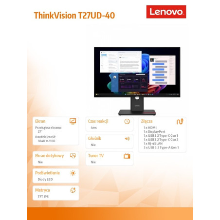 Monitor Lenovo 64AFGAT2EU ThinkVision T27UD-40 *27" *IPS LED *3840x2160 *HDMI *DP *USB-C *60Hz *4ms