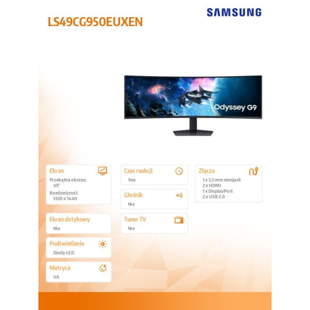 Monitor dla graczy Samsung Odyssey G9 G95C LS49CG950EUXEN *49" *VA LED *5120x1440 *2xHDMI *DP *240Hz *1ms *Zakrzywiony ekran