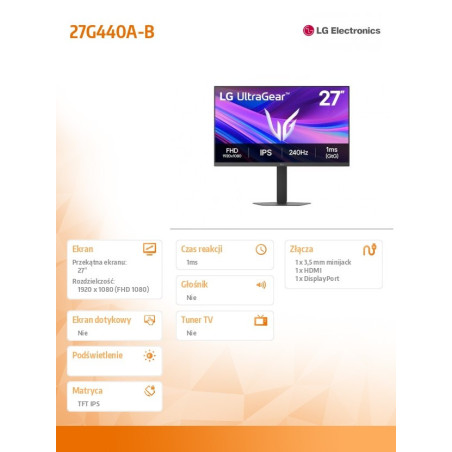 Monitor dla graczy Philips 27G440A-B *27" *IPS LED *2560x1440 *HDMI *DP *USB *180Hz *1ms
