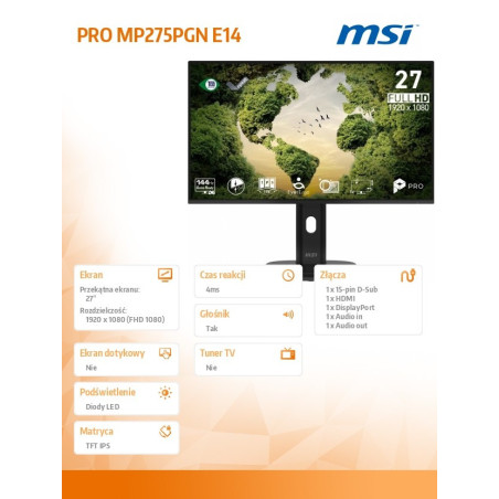 Monitor MSI PRO MP275PGN E14 *27" *1920x1080 *144Hz *Zakrzywiony