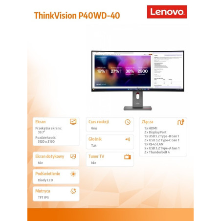 Monitor Lenovo P40WD-40 *39.7" *IPS *5120x2160 *HDMI *DP *USB-C *120Hz *4ms *Zakrzywiony
