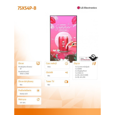 Monitor wielkoformatowy LG 75XS4P-B *75" *IPS *3840x2160 *2xHDMI *DP *60Hz *8ms